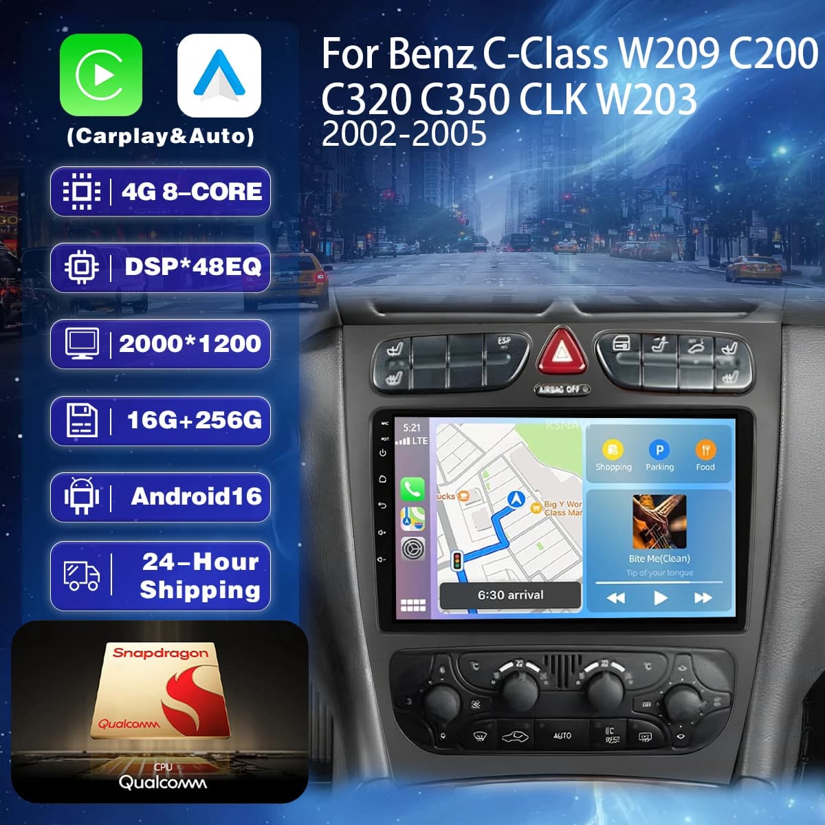 Android 16 Carplay BT Car Radio For Benz W203 W209 C180 C200 C220 2004 - 2011 WIFI+4G GPS Auto Stereo BT Carplay 2din Head Unit