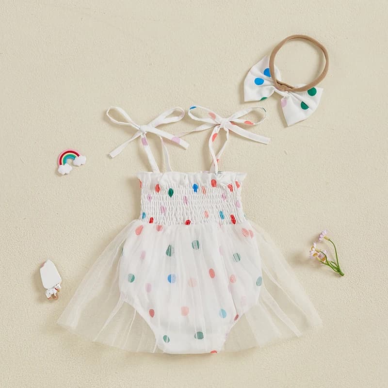 Pagliaccetto da bambina con maniche a volant con stampa floreale e fascia per capelli con fiocco abbinato per l'abito estivo per la festa di compleanno