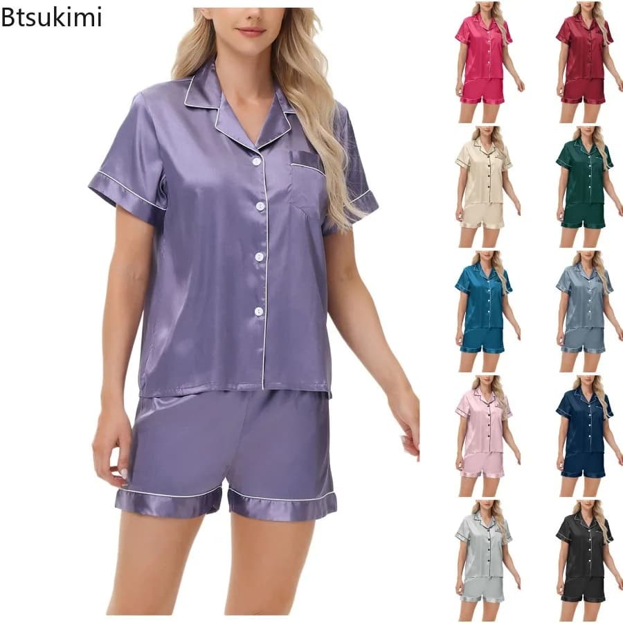Women's Pajamas Set Satin Sleepwear Button Down Tops and Shorts Pajama 2 Piece Suit Pyjama Femme Nightwear Loungewear for Summer