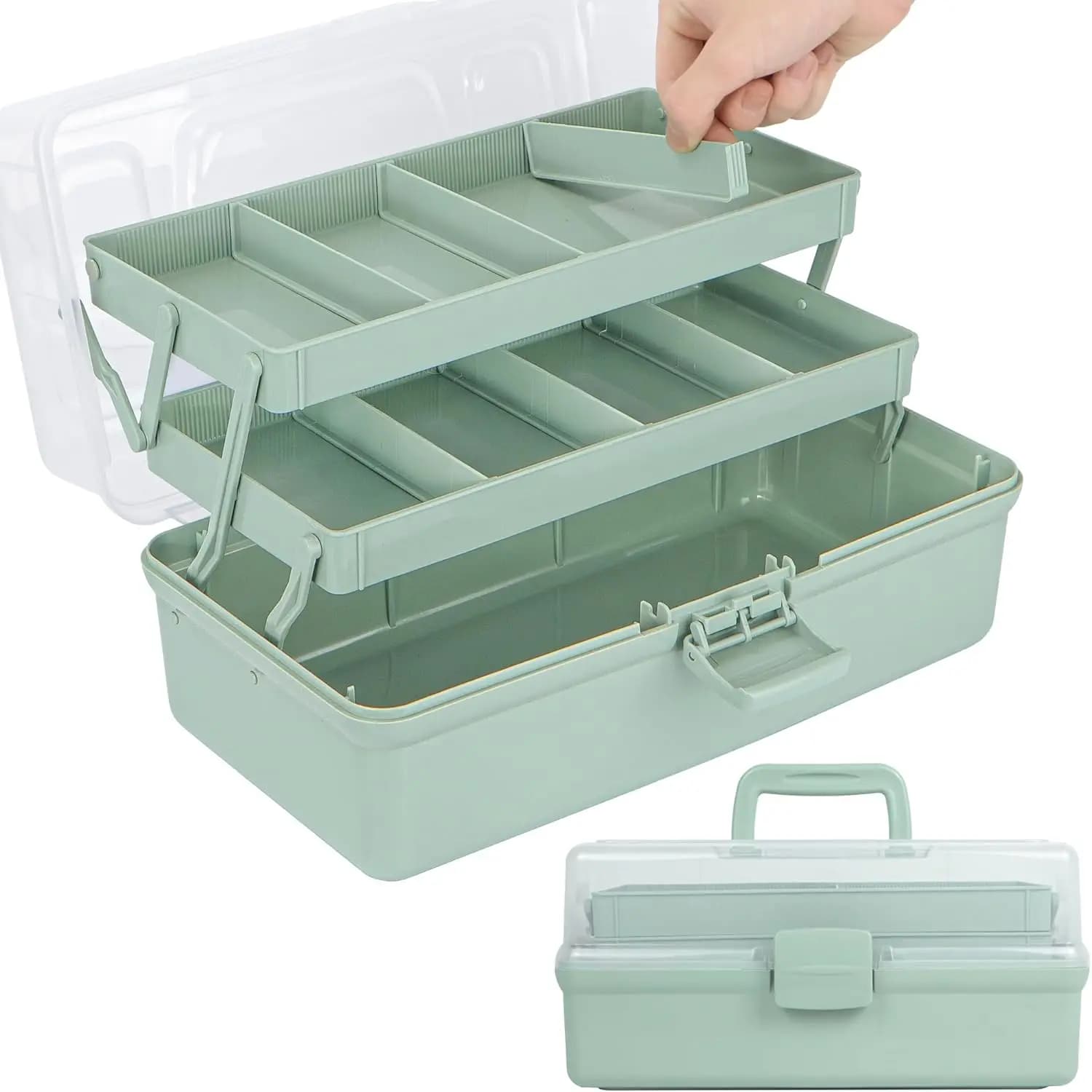 Organizer a 3 strati con divisori regolabili, scatola portatile per attrezzi artistici, cucito, medicinali, utensili (Verde Nebbia)