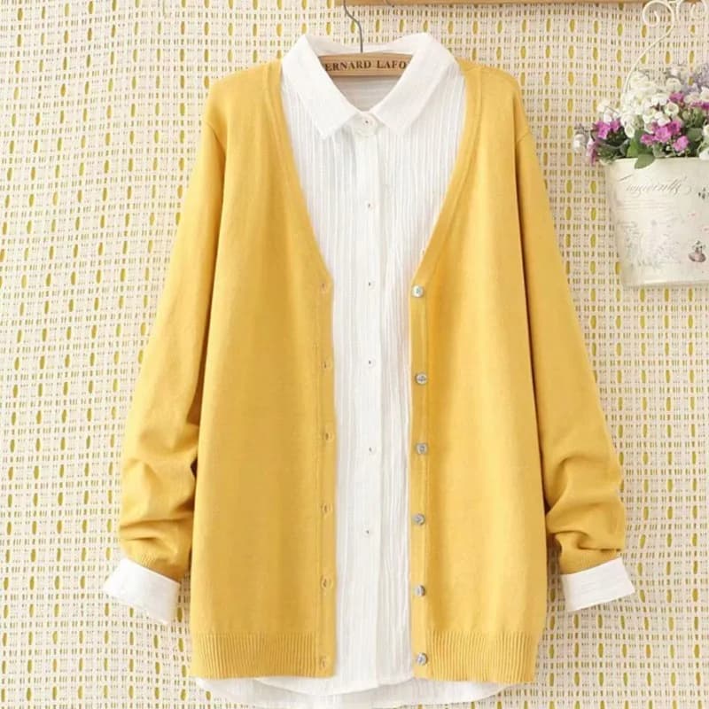 Cardigan in Maglia da Donna Taglie Forti, Scollo a V, Manica Lunga, in Cotone Mercerizzato, Tinta Unita, per Autunno e Primavera
