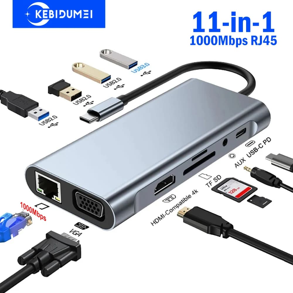 Docking station tipo C 11 in 1 HUB USB 3.0 Splitter USB C da tipo C a 4K HDMI VGA PD RJ45 Adattatore di rete 1000M per laptop MacBook