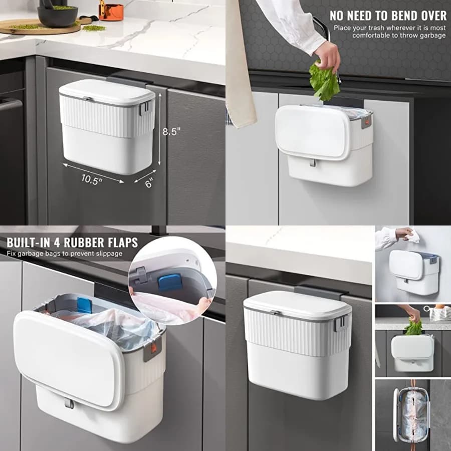 Contenitore per Compostaggio da Cucina con Coperchio, 7 Litri, Bidone Appendibile a Parete per Porta dell'Armadio, Piccolo Cestino Sottolavello per Cucina, Bagno, Ufficio