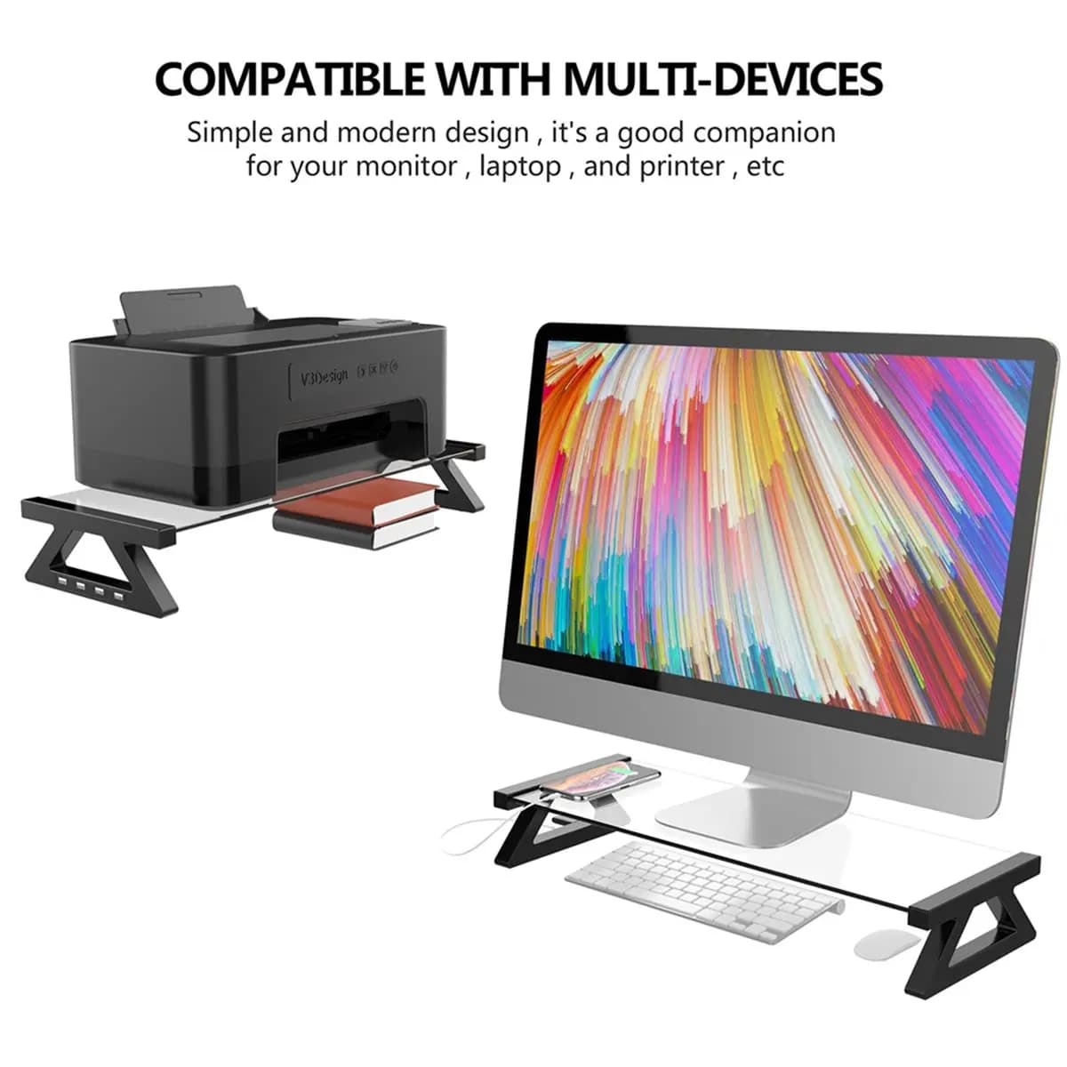 2027buy Desk Monitor Stand PC Riser with 4 USB Ports 60kg Capacity Computer Monitor Riser Desktop Stand and Storage Rack