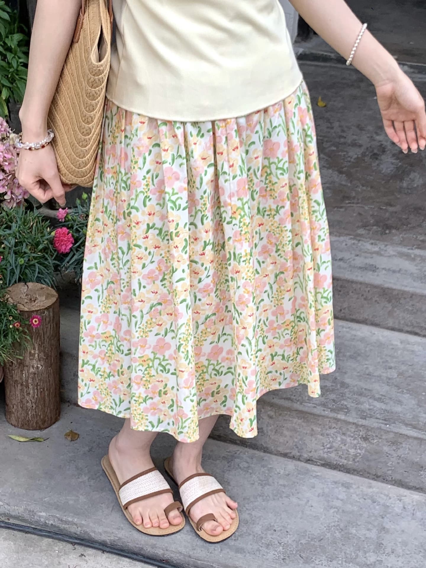 Gonna a mezza lunghezza Galactic Step con motivo floreale acquerello, da donna, primavera estate, nuovo stile, gonna midi snellente a vita alta in cotone, modello a trapezio