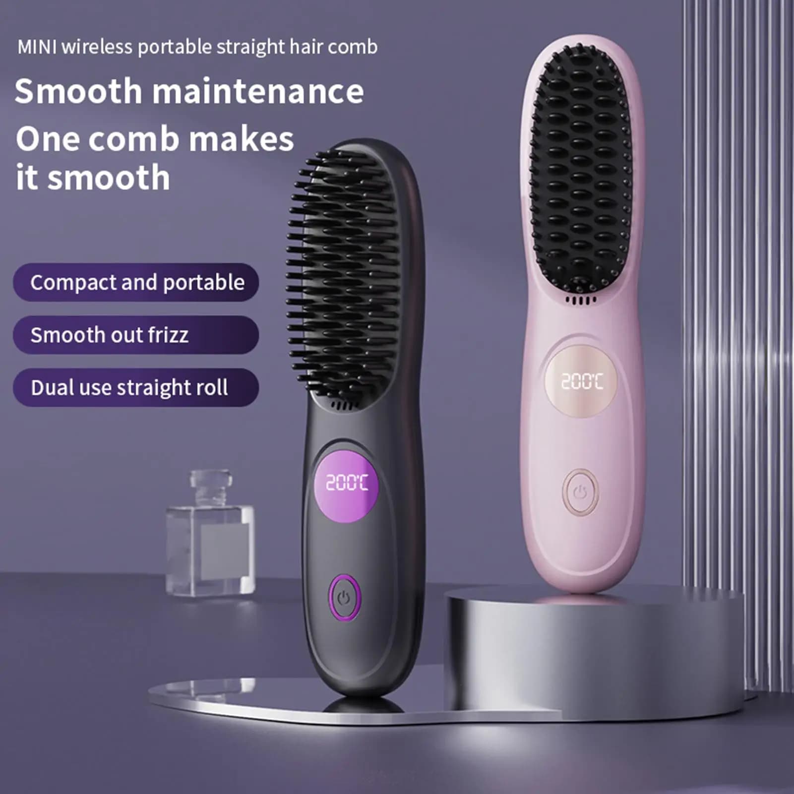 Piastra per Capelli Portatile Senza Fili Ricaricabile USB Strumento di Styling Pettine in Ceramica per Viaggi e Vacanze
