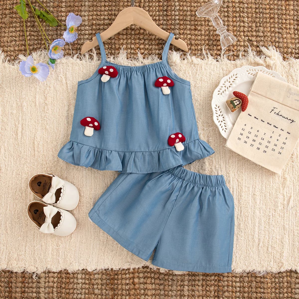 Simpatico top a forma di fungo + pantaloncini blu Set da due pezzi per bambina, nuovo abbigliamento estivo per bambini in spiaggia (9 mesi-4 anni)