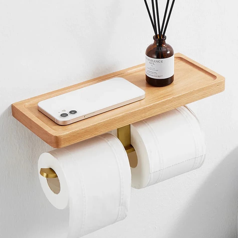 Portarotolo doppio con ripiano Portarotolo da cucina per bagno montato in legno di faggio Portarotolo per asciugamani di carta igienica dorato da appendere