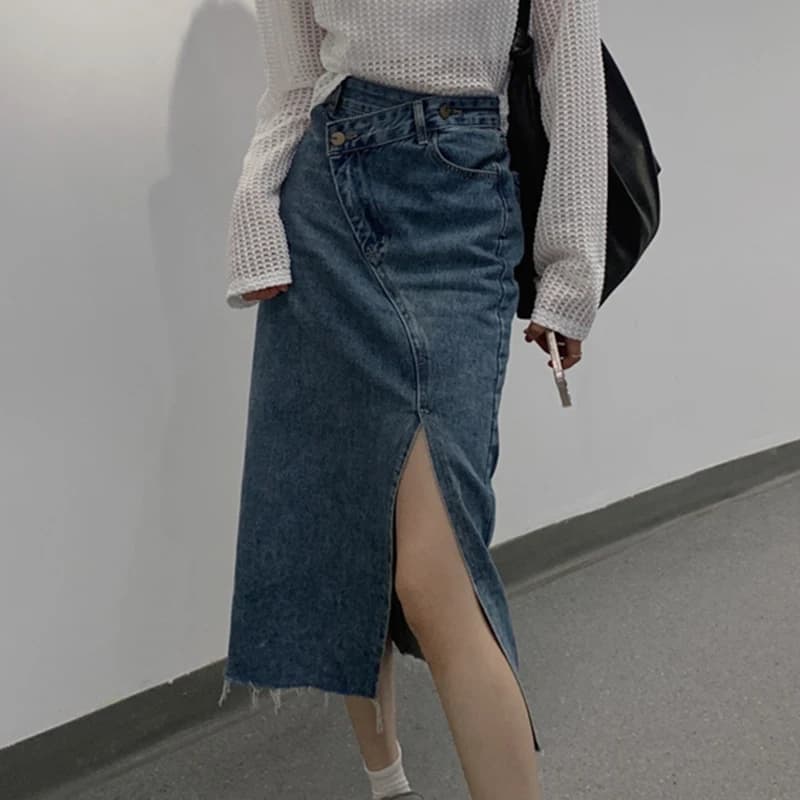 Vintage Women Casual Denim Skirt High Waist Split Front Long Jean Skirts Midi Jeans Skirt Irregular Waist Slim-Fit Skirts Girls