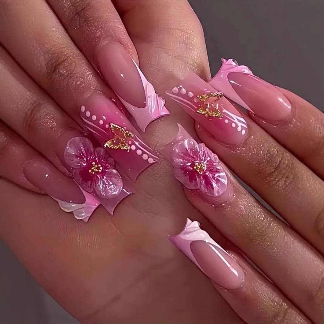 24 Pieces Wearable Square Nails Print Summer Sweet Flower Design Medium Length Medium Length Fifty Nails Glitter Butterfly French