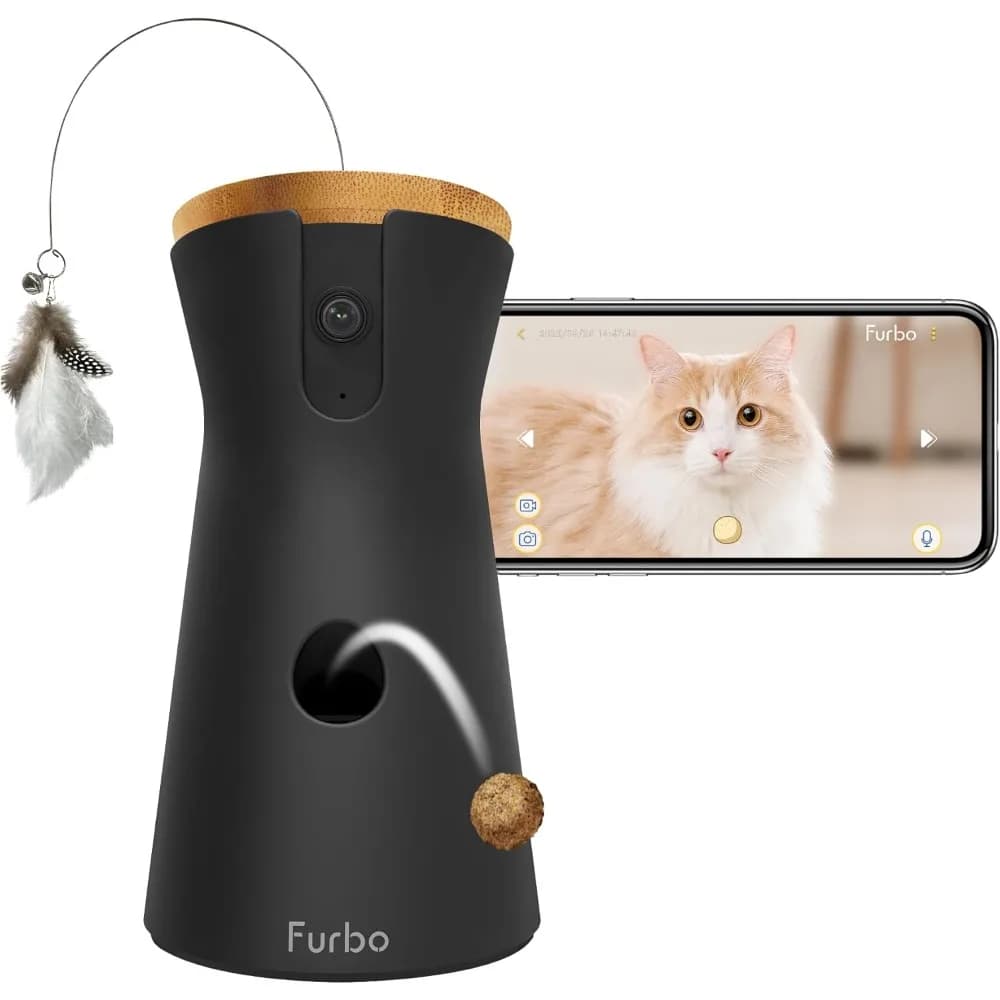 Telecamera per Gatti a 360 Gradi con Avvisi di Miagolio, Rotazione Automatica, Dispenser di Snack, Audio Bidirezionale, Telecamera di Sicurezza per Animali Domestici per Casa, Spedizione dagli Stati Uniti