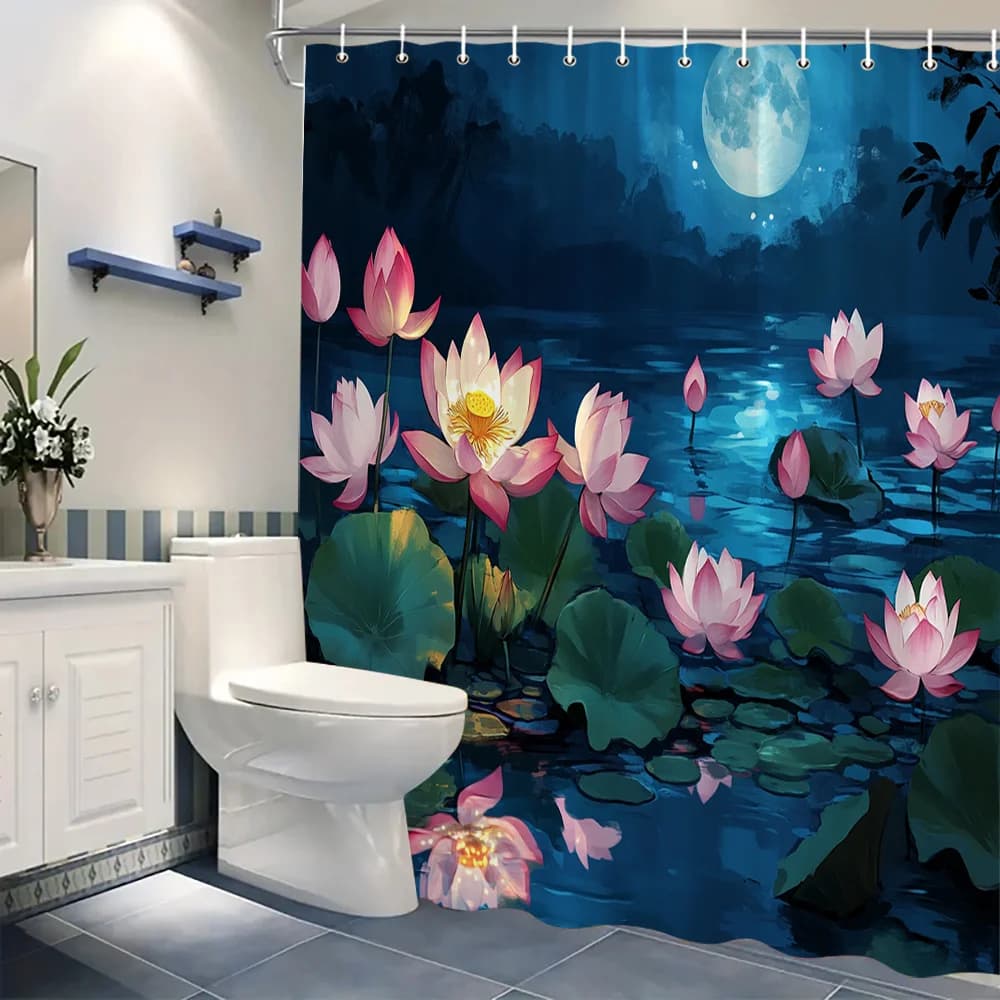 Tenda da doccia impermeabile Moonlit Lotus Pond per l'arredamento del bagno