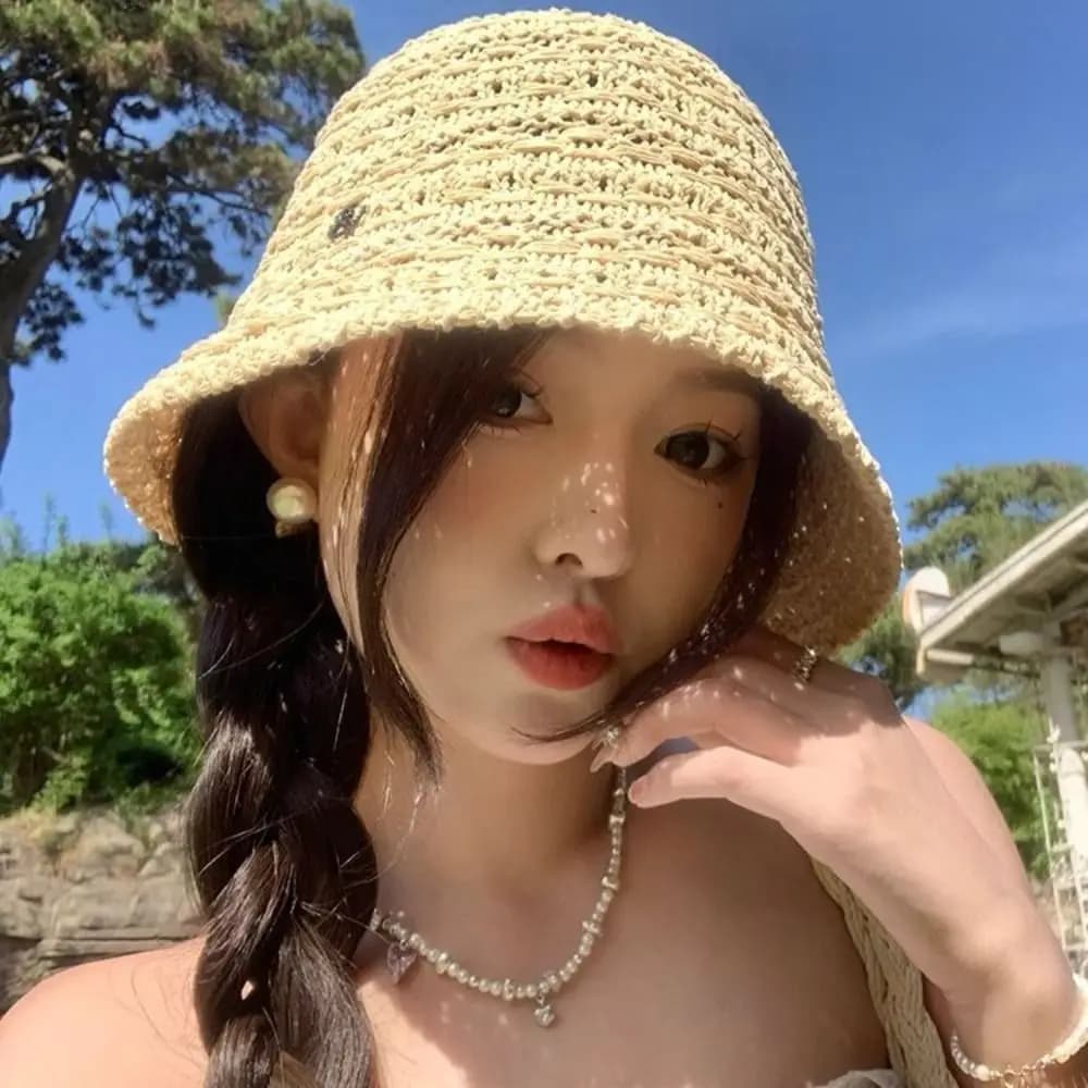 Elegant Summer Straw Sun Hat Wide Brim Hollow Straw Bucket Hat Breathable Vacation Beach Visor Cap Outdoor