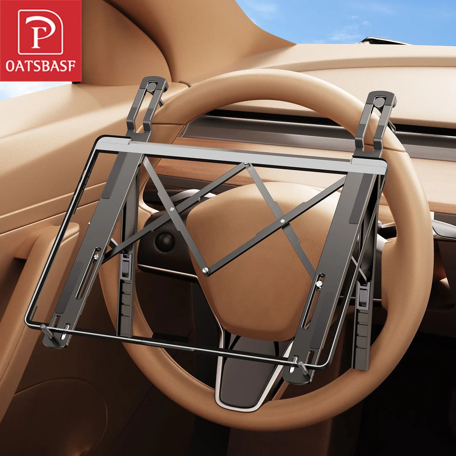 Oatsbasf Volante per auto in metallo Supporto per laptop Supporto per tablet portatile pieghevole a 5 livelli regolabile Accessori per auto