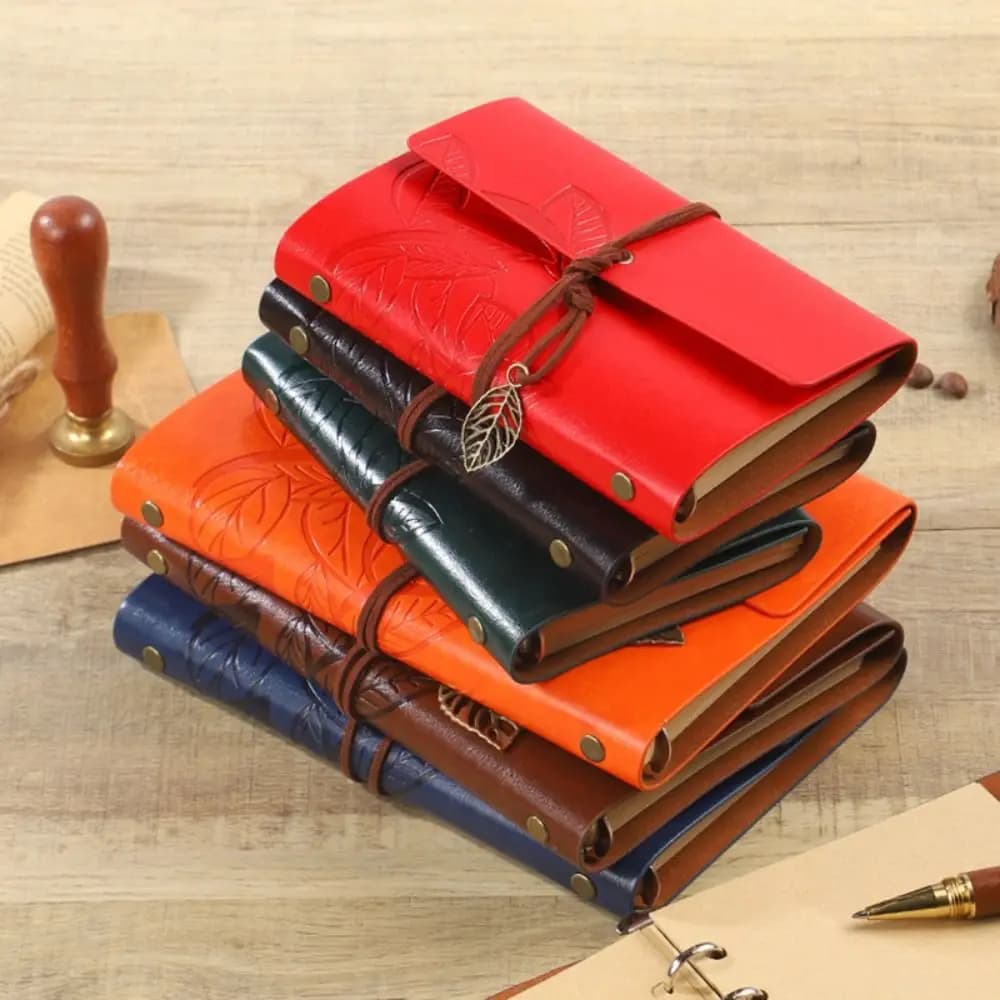Portable A7 Loose-leaf Notebook PU Leather Leaf Embossed Travel Journal Straps Design Binder Notebook School Office