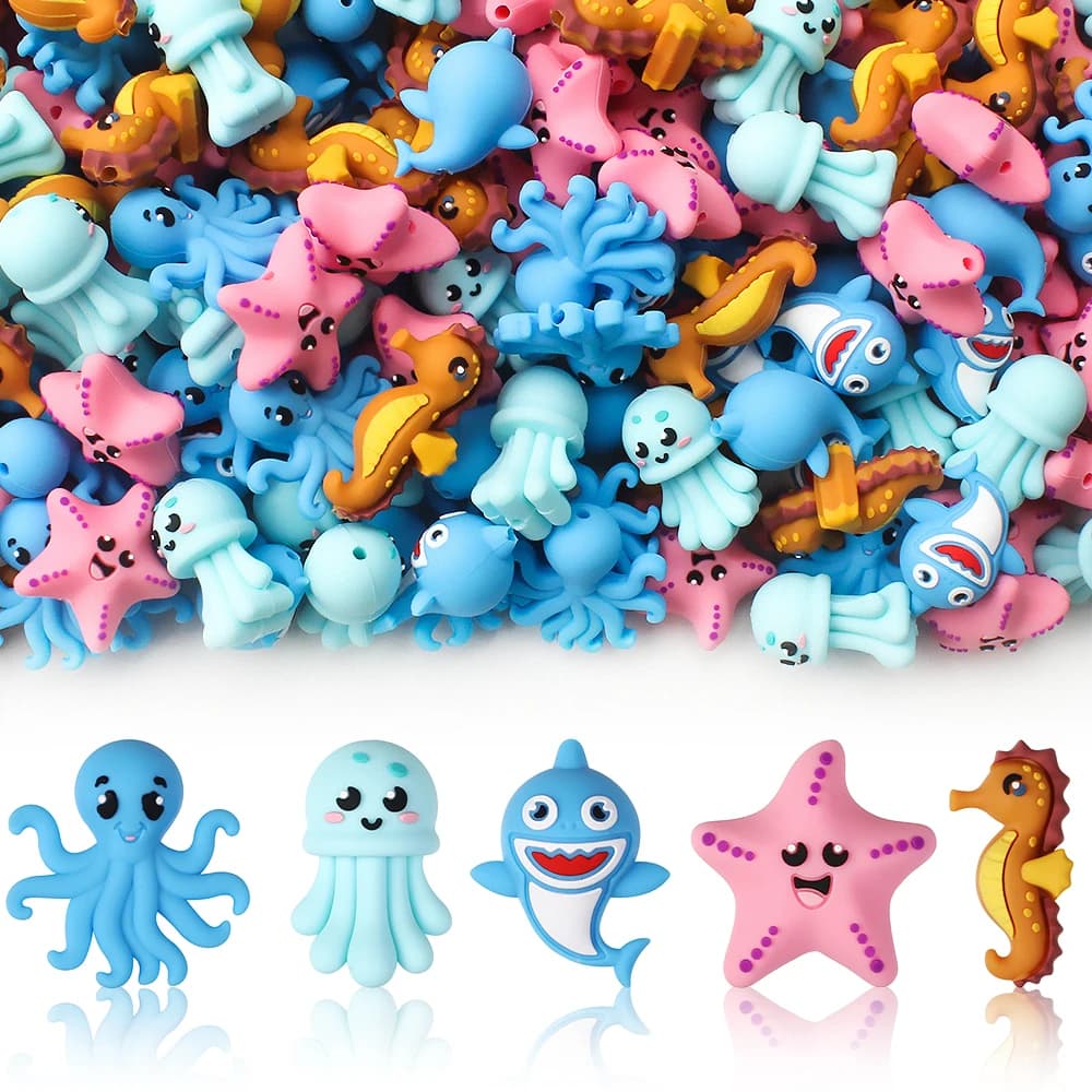 5/10/20/50pcs Tema Oceano Perline di Silicone 3D Polpo Stelle Marine Squali Perline Focale Per Gioielli Pennelli Trucco Decorazione Che Fanno