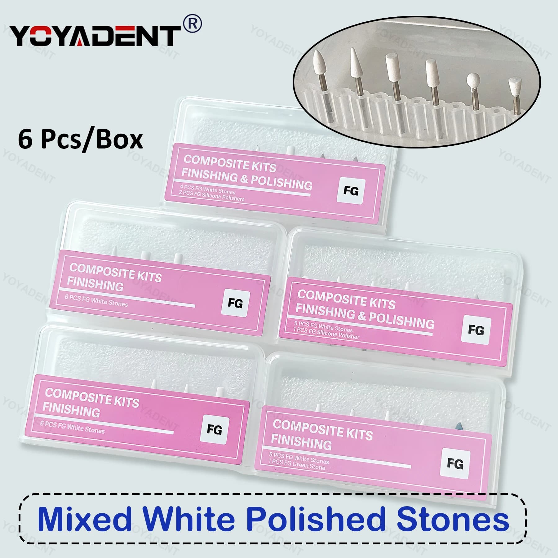 Dentale White Stone Polishing Head Kit Cone Shape Round Flame Rubber Brakes FG 6 Pz/set Whitening Tooth Polishing Tools