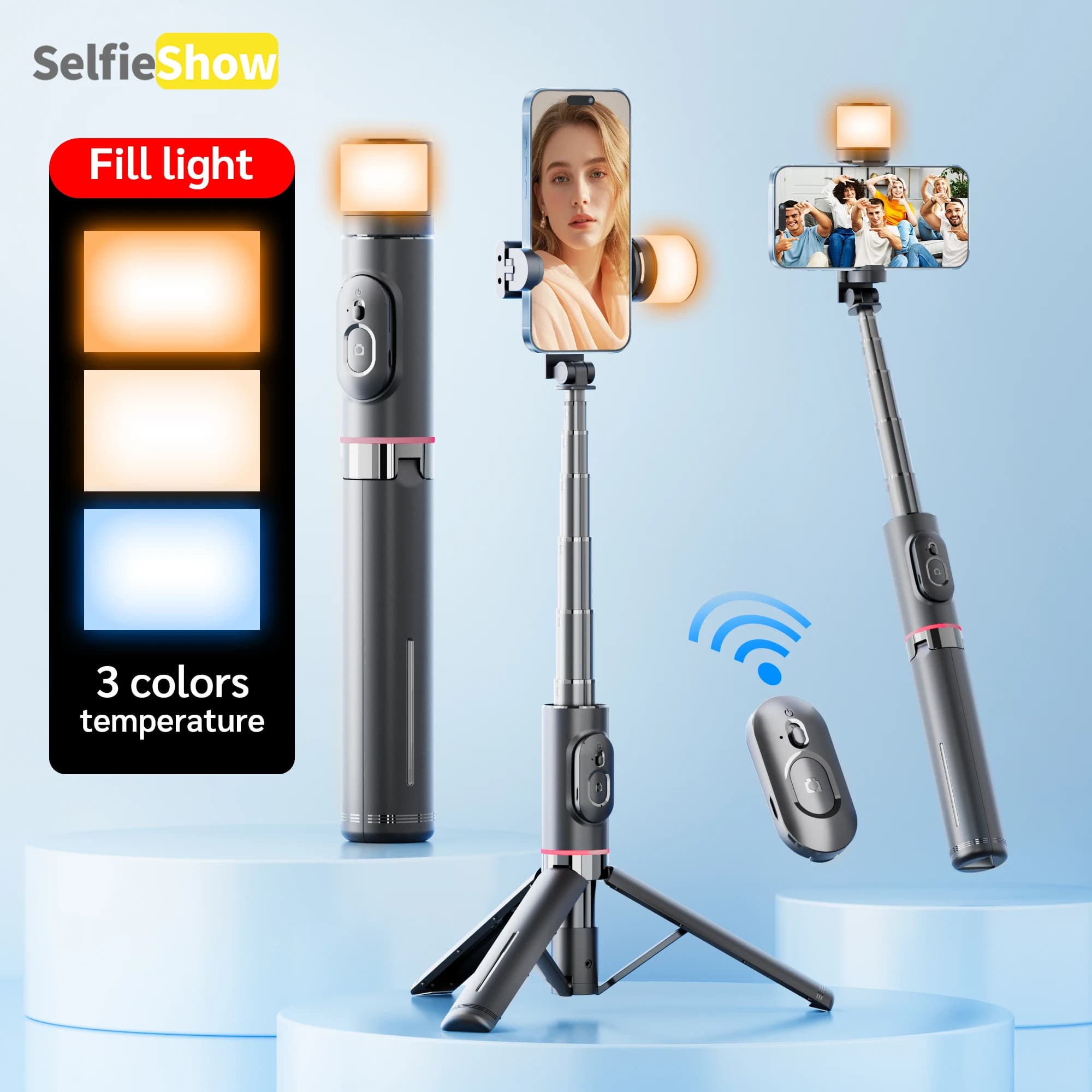 Selfieshow q12swimless Bluetooth Phone telescopico Fill Light treppiede Selfie Stick stabilizzatore per Huawei iPhone 13 Android Xiaomi treppiedi iphone asta selfie smartphone bastone multifunzione bastone per autodife