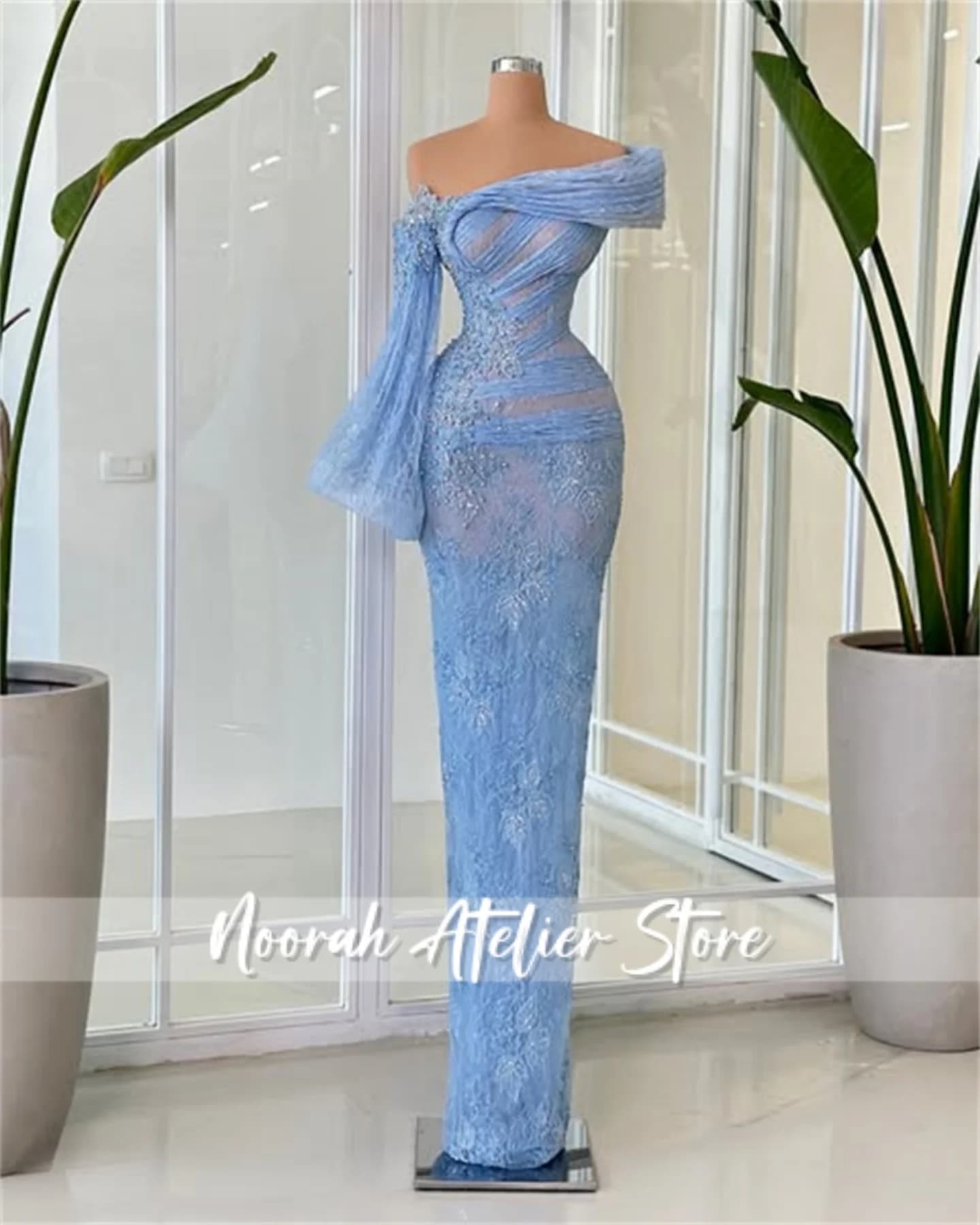 Abiti da sera da donna di lusso con maniche lunghe monospalla in pizzo blu 2025 pieghe Abito da festa lungo da donna Dubai Vestido personalizzato
