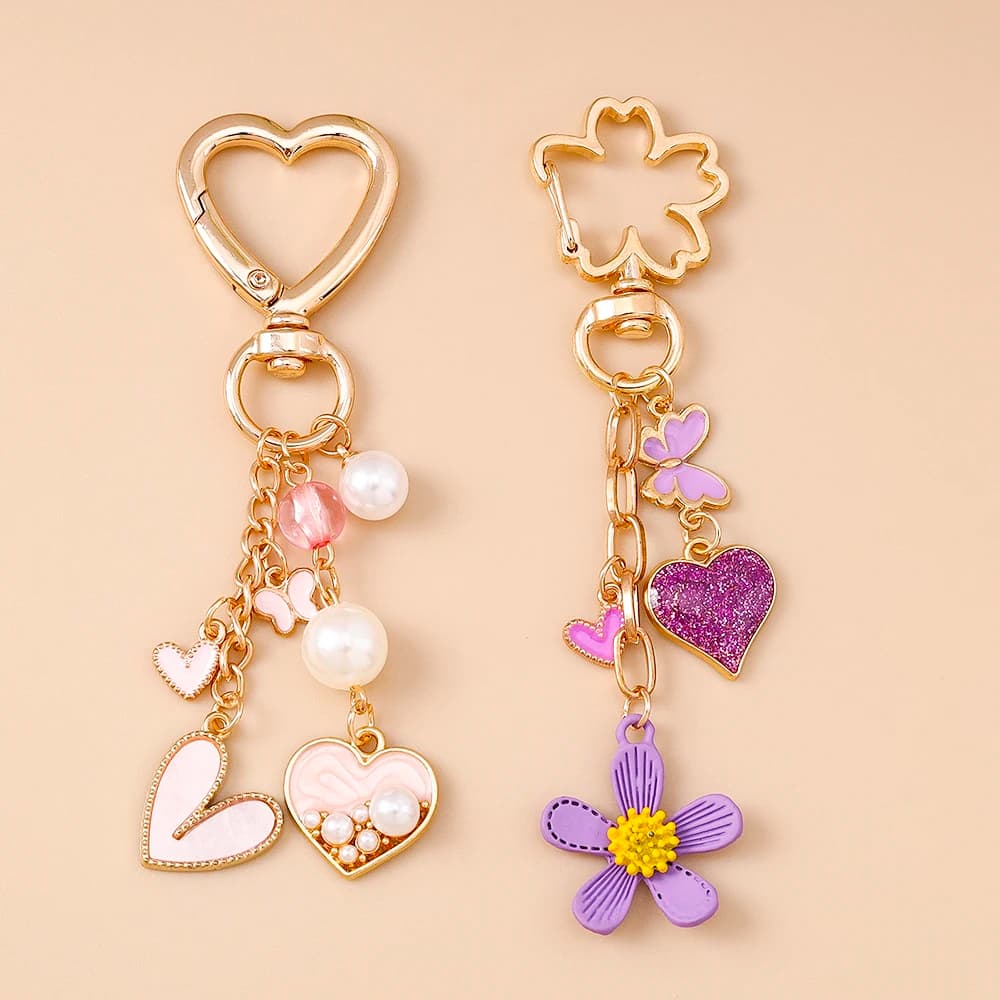 New Enamel Love Heart Keychain Flower Key Ring Pendants for Women Girls Handbag Decor DIY Handmade Key Chain Gifts