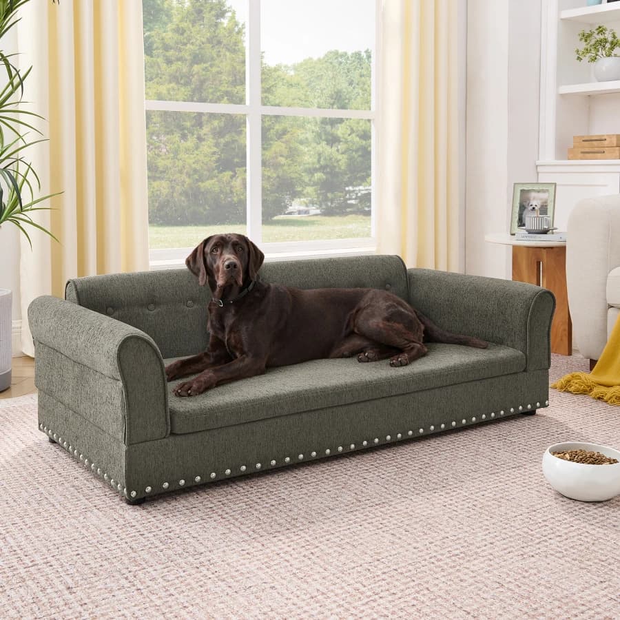 Divano per Animali Domestici Oversize, Elegante e Moderno in Tessuto di Lino, Letto Rialzato per Cani, Comodo Letto Rettangolare per Animali con Schienale