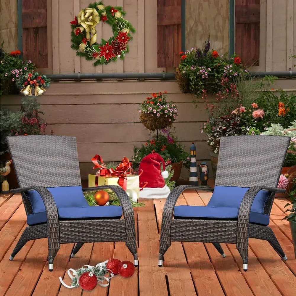 Set of Adirondack chairs 2 rattan brazier chairs, oversized relaxation garden chairs with pillow, deep seating, curved high backrest, N