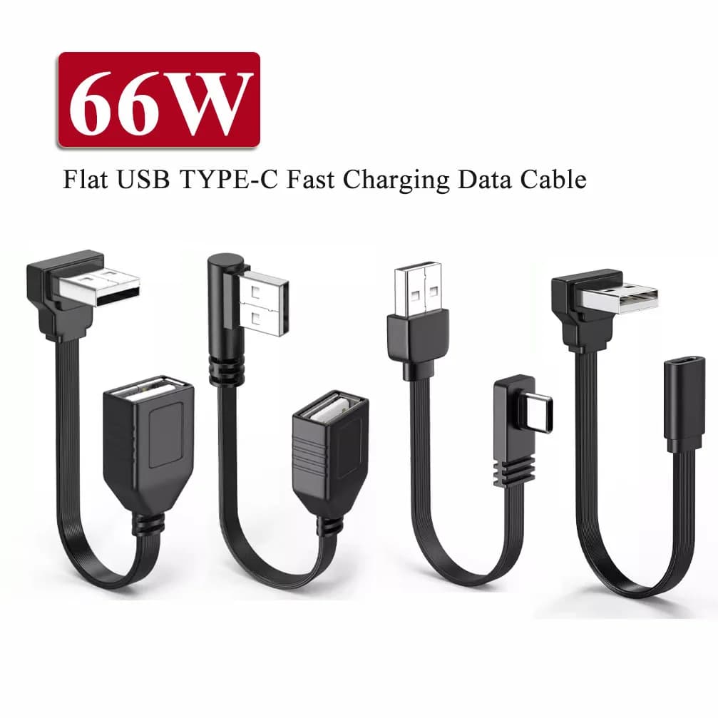 Cavo di Prolunga USB2.0 a Type-C Maschio-Femmina da 66W, Piatto, per Ricarica Rapida e Trasferimento Dati, con Connettore Type-C a 90 Gradi