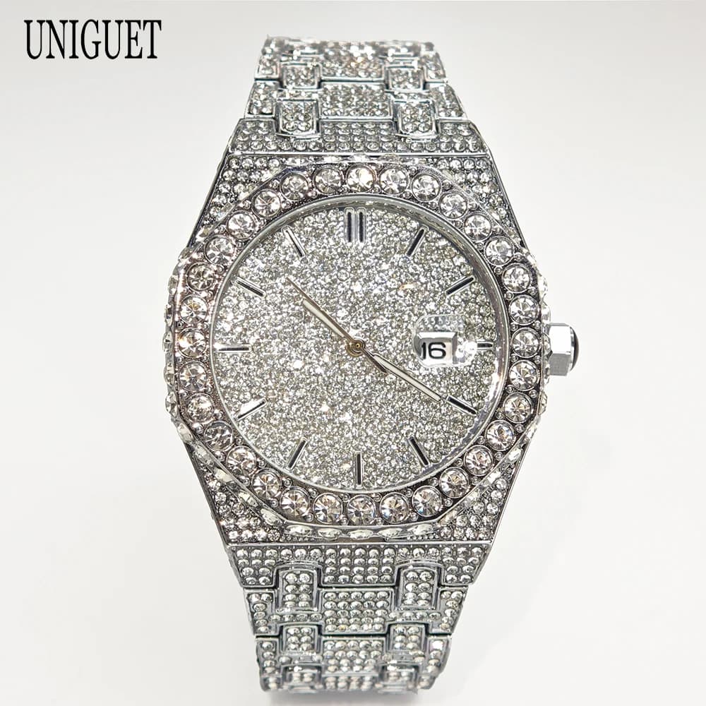 Orologio da uomo con diamanti ghiacciati di moda di lusso Top Brand UNIGUET Hip Hop Bling Orologio con data impermeabile per accessori alla moda 2025 Nuovo