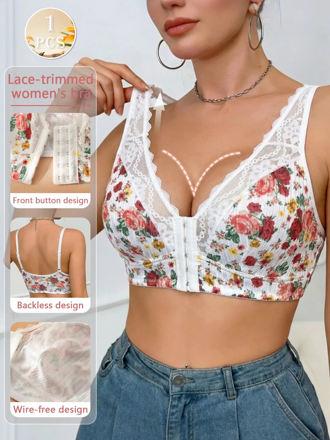 Reggiseno senza fili con stampa floreale da donna, reggiseno confortevole con chiusura frontale con finiture in pizzo (S-XXL)