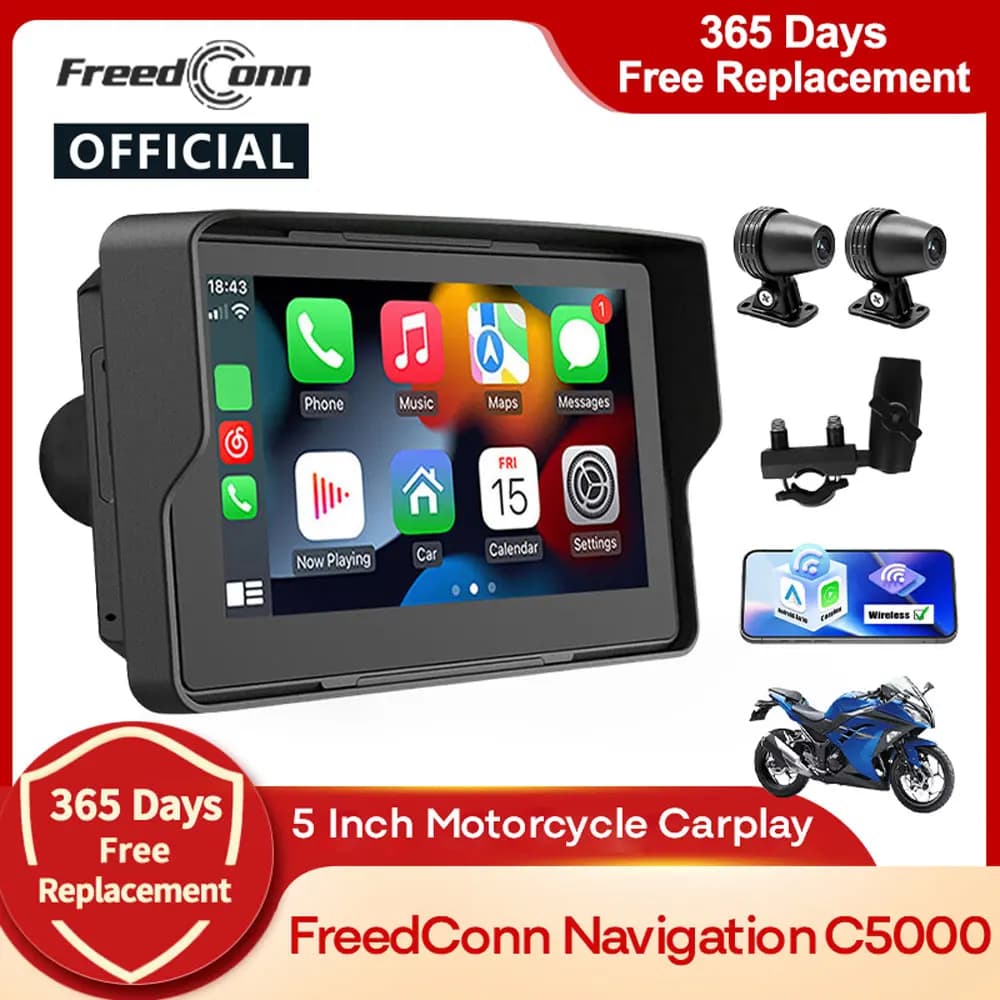 Freedconn C5000 Navigazione Moto Carplay DVR Bluetooth Car play Display da 5 pollici Wireless Android Auto Monitor Impermeabile
