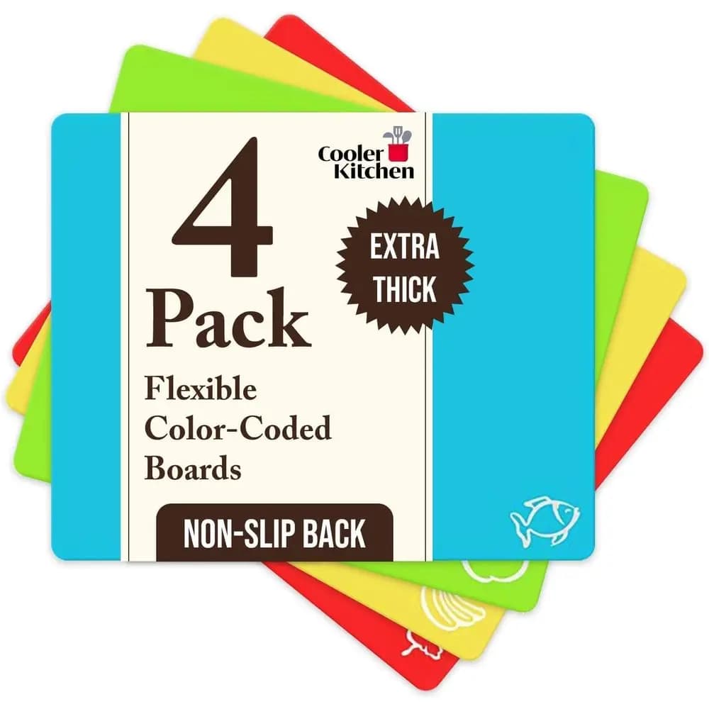 Flexible 4-Piece Plastic Cutting Boards - BPA-Free, Color-Coded, Non-Slip, Dishwasher Safe Kitchen Mats