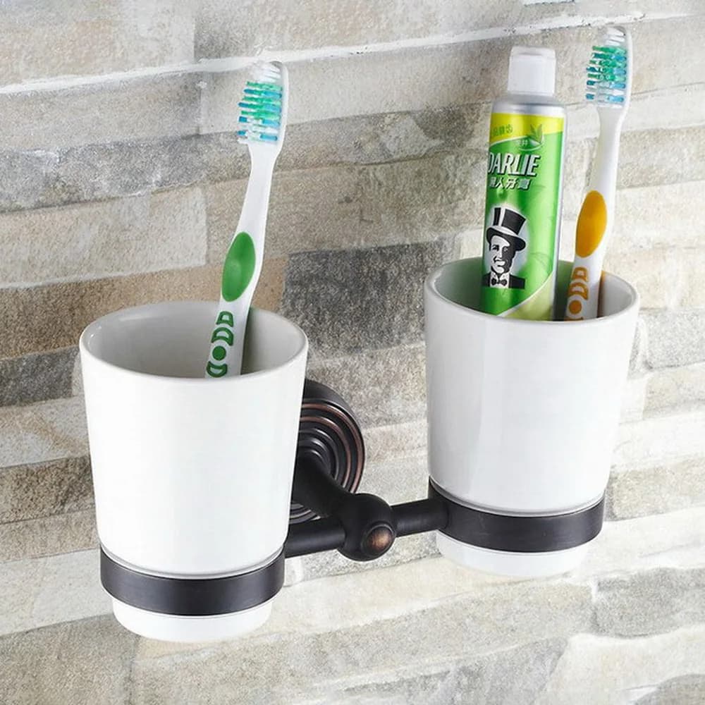 Porta spazzolino doppio portaspazzolino da parete in bronzo lucidato a olio con due tazze in ceramica Nba118a