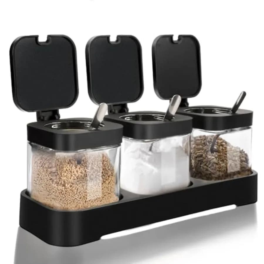 Set di 3 Contenitori per Spezie con Coperchi e Cucchiai, Barattoli Quadrati Trasparenti per Sale e Zucchero, Scatole per Condimenti