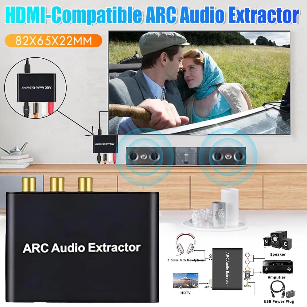 HDMI Compatible Audio Extractor, Audio Converter from ARC to SPDIF Coaxial L/R Stereo RCA Jack 3.5mm for HDTV, Soundbar, Amplifier