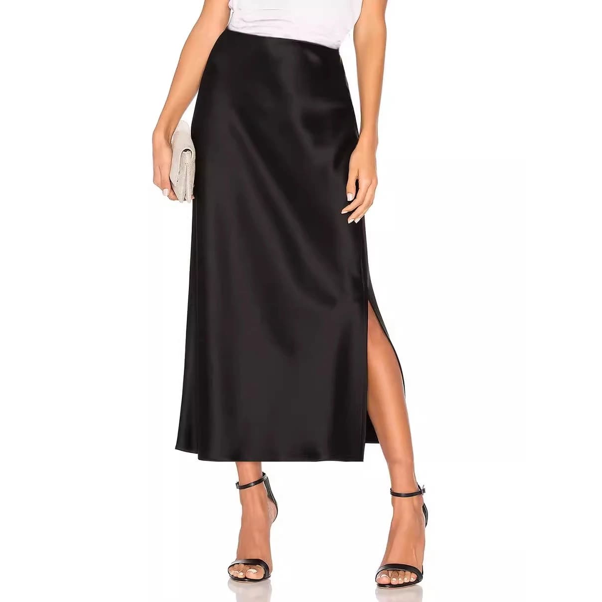 High Waist Acetate Satin Long Split Skirt Elegant High Quality Elastic Women's Skirt for Business Casual Party Streetwear
