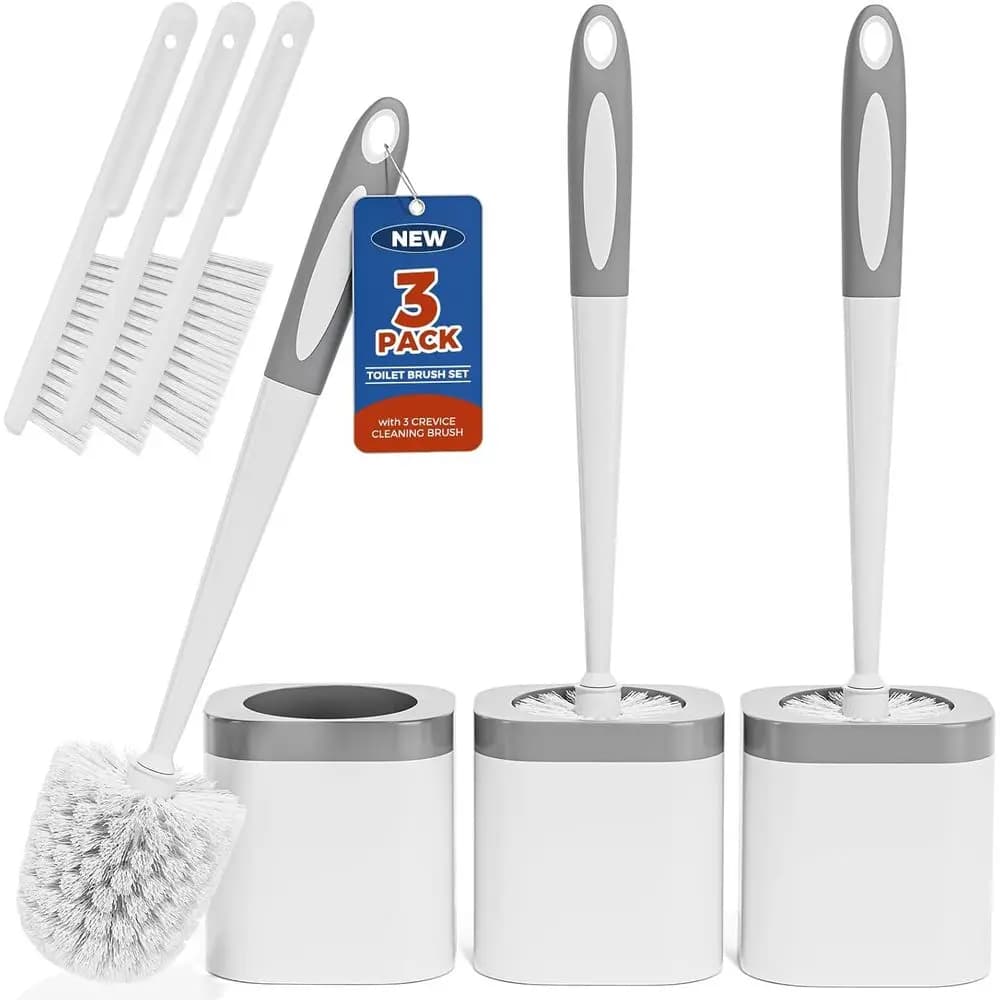Set di 3 spazzole per WC con supporto e spazzole per fessure, strumenti per la pulizia del bagno bianchi