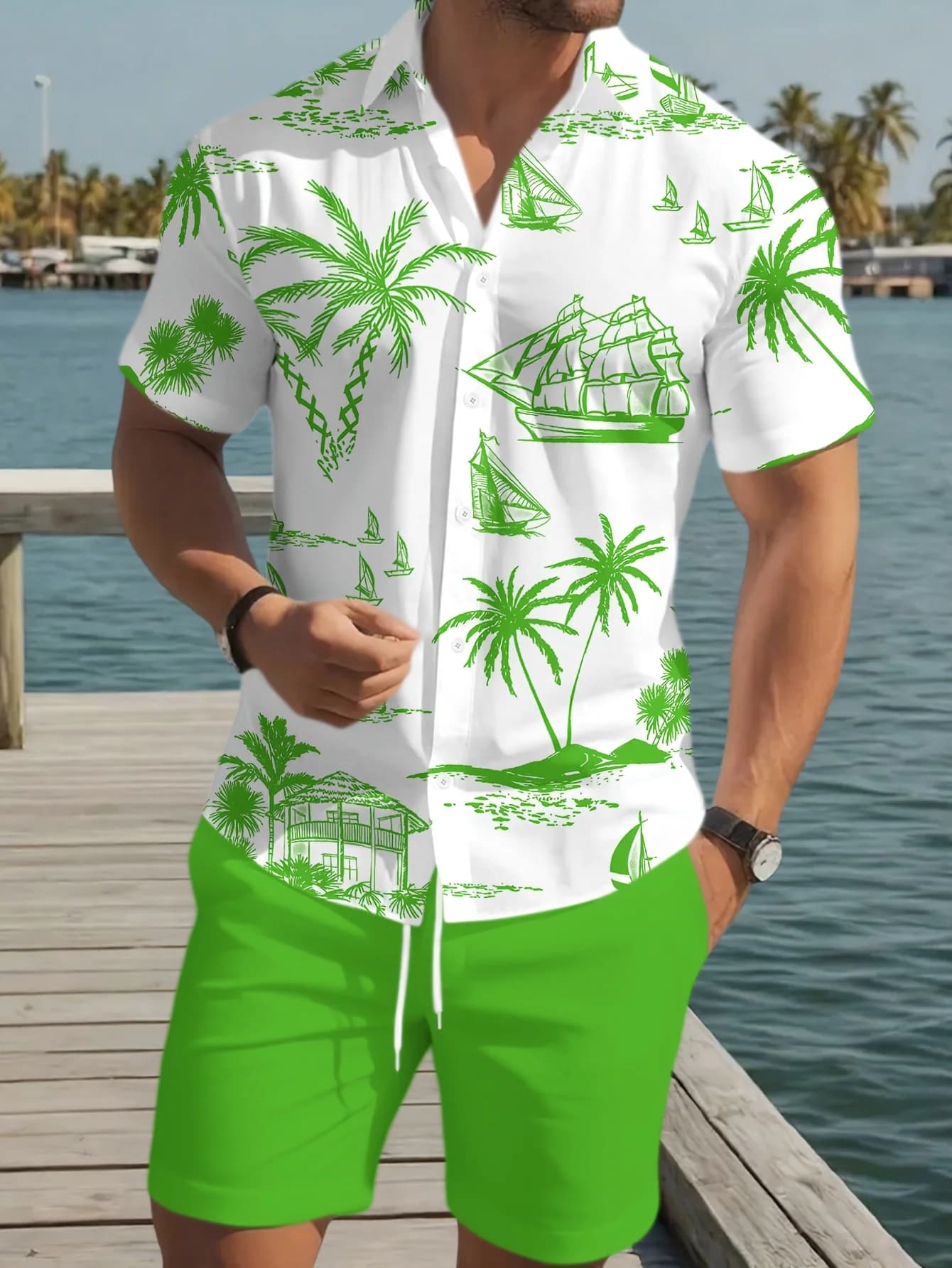 2026 Summer Energetic Men's Casual Suit: Sketch Landscape Coconut Grove Sailboat Print Shirt and Beach Casual Sports Shorts