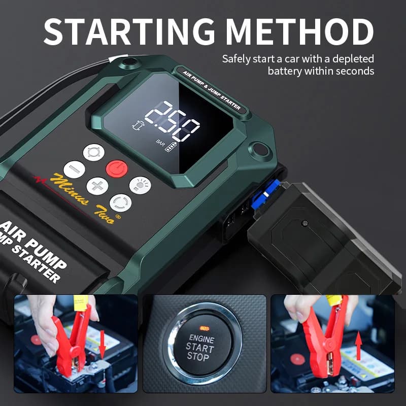 Stazione di Alimentazione Portatile 2000A, Avviatore d'Emergenza per Auto con Pompa d'Aria 180PSI, Power Bank Dual USB, Kit di Emergenza per Veicoli