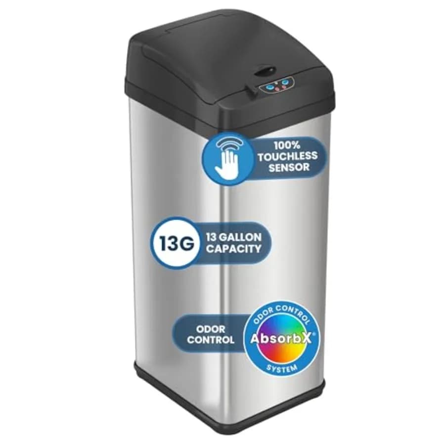 Cestino per Rifiuti da Cucina con Sensore Touchless da 50 L, Chiusura a Coperchio e Filtro Antiodore AbsorbX, Bidone per Riciclaggio in Acciaio Inox per Cucina e Casa