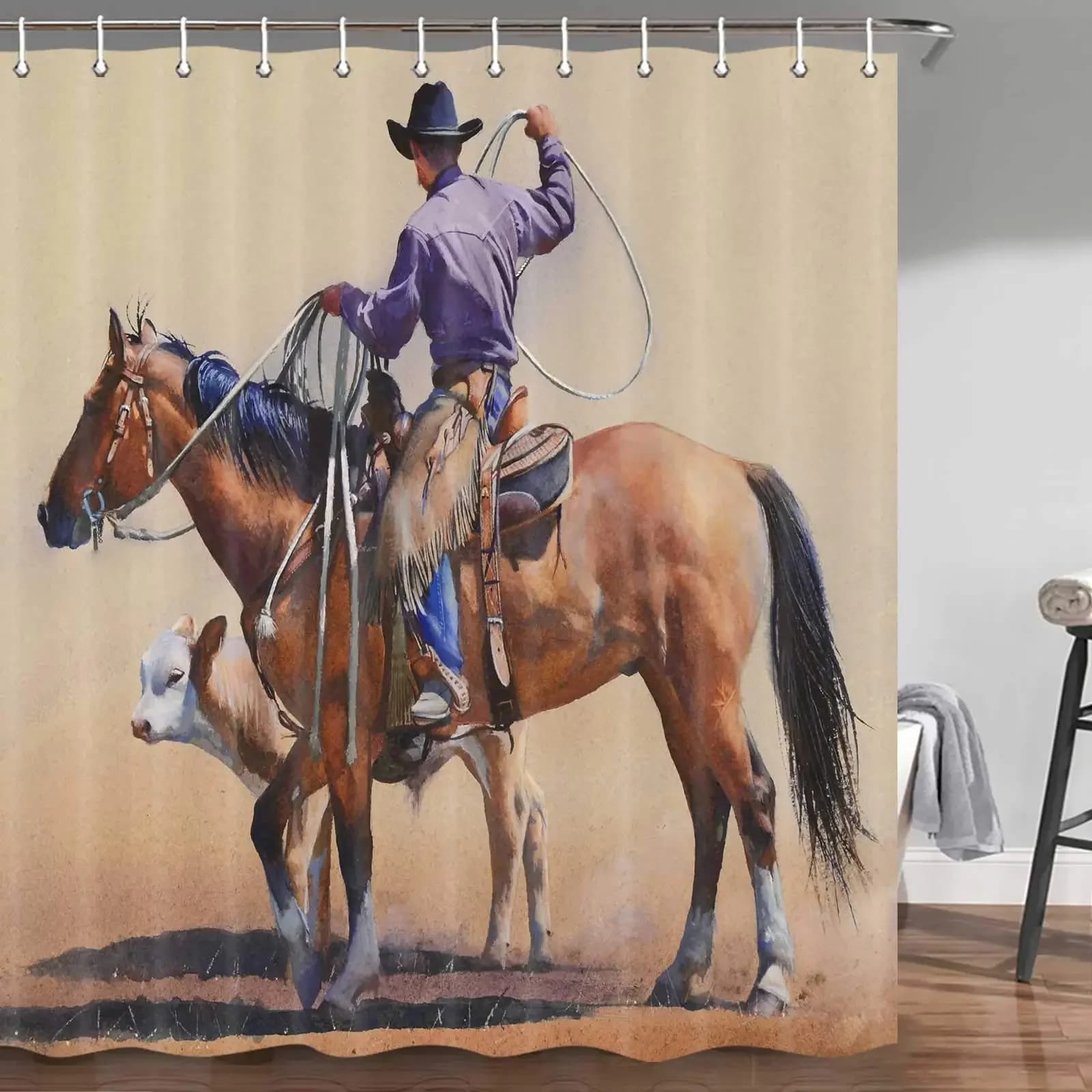 Tende da Doccia Stile Western con Cavalli Vintage, Tende da Bagno Rustiche Americane in Stile Country Primitivo