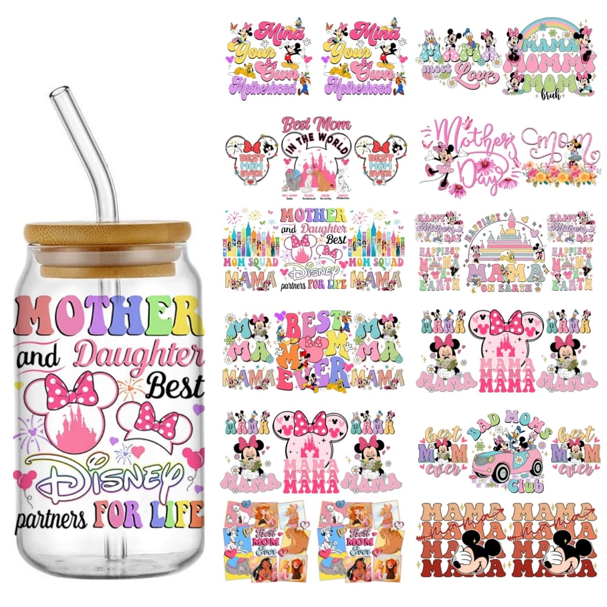 Adesivi Funko Mickey a tema Festa della Mamma, facili da staccare, impermeabili, decorazioni fai da te, trasferimenti 3D, adesivi in cristallo UV DTF, pellicola UV DTF da 16oz.