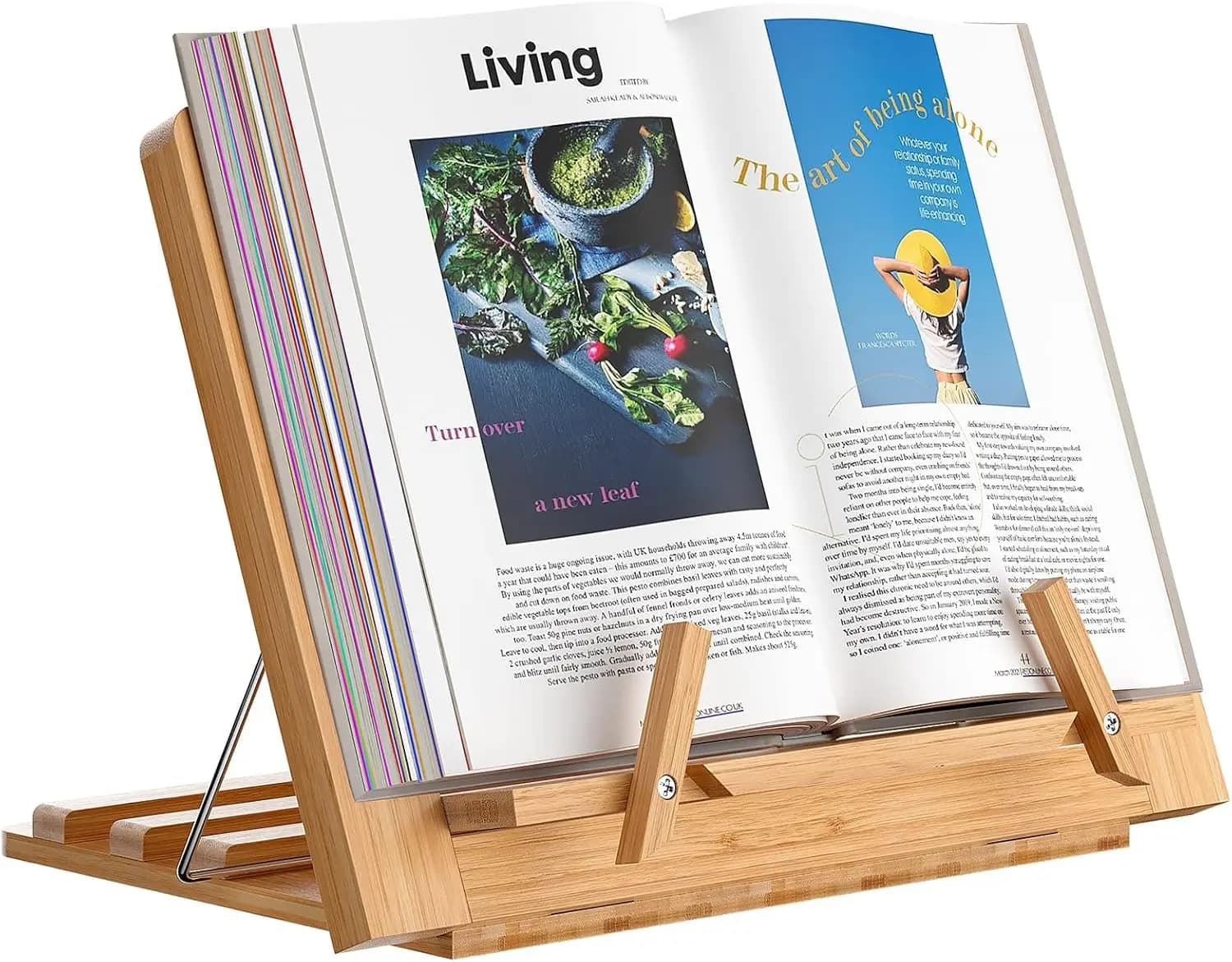 Supporto per Libri Regolabile in Legno, Pieghevole in Bambù con Clip per Pagine, per Tablet, Ricettari, Laptop