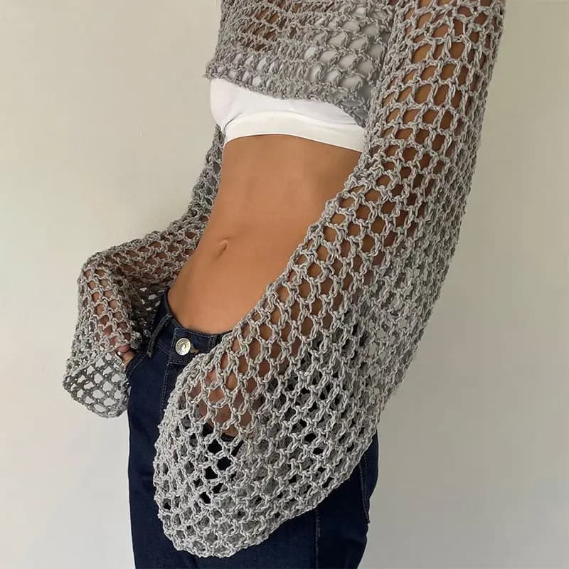 Top corto all'uncinetto a maniche lunghe Summer Knit Hollow Out Mesh Cover up 2024 Top all'uncinetto Y2k da donna Pullover Streetwear