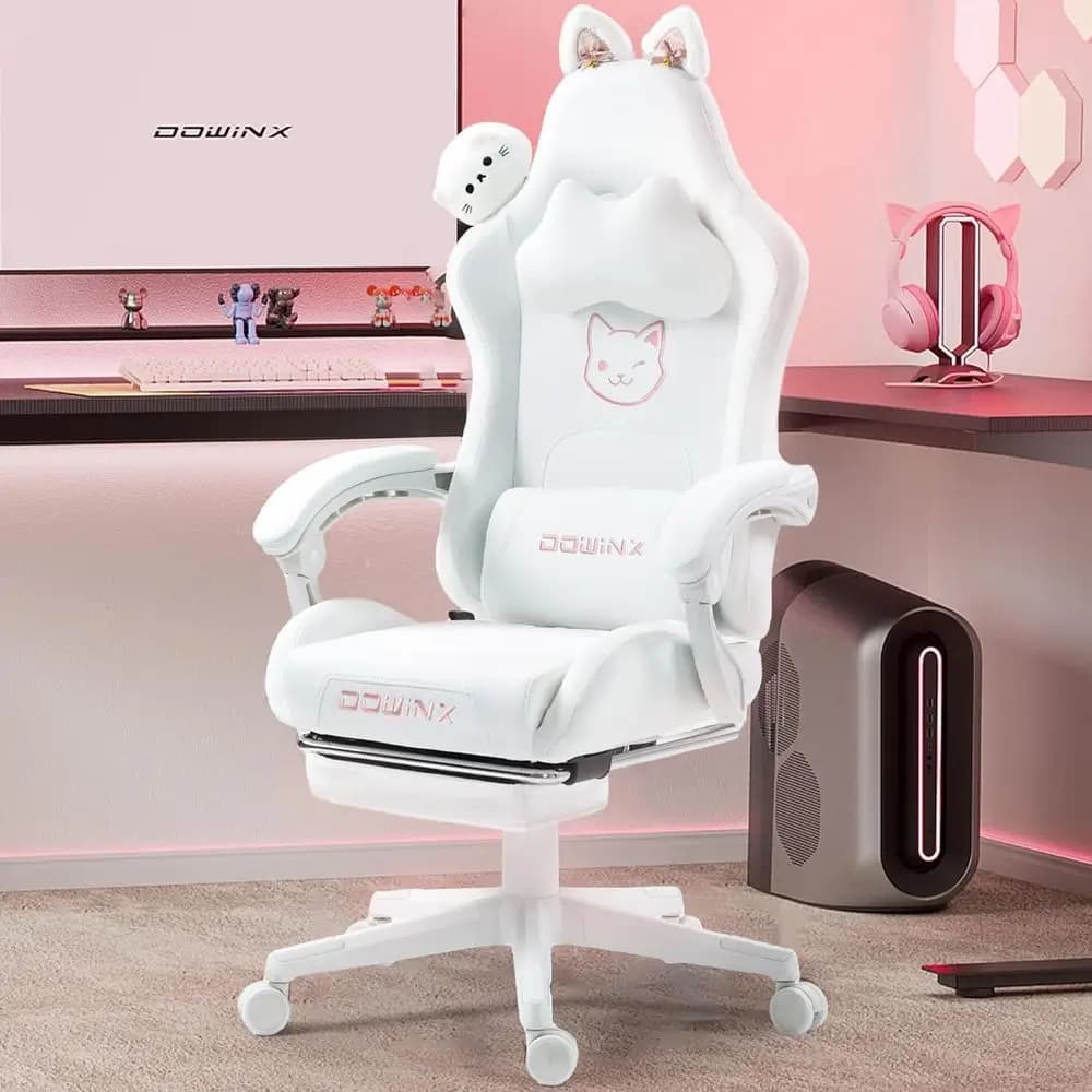 Sedia da Gaming Carina con Orecchie da Gatto e Supporto Lombare Massaggiante, Sedia Ergonomica da Computer per Ragazze con Poggiapiedi e Poggiatesta, Comoda e Regolabile