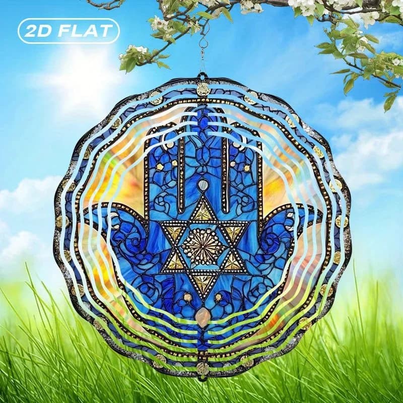 2D Flat Metal Hamsa Star Wind Chime, 10 Inch Stained Glass Dreamcatcher for Indoor Outdoor Garden Decor, Christmas Halloween Tha