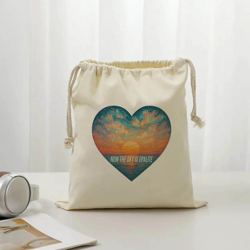 Drawstring bag in canvas with Heart Sunset Print Now the Sky Is Opalite print, reusable travel organizer case for hairdryer and toiletries