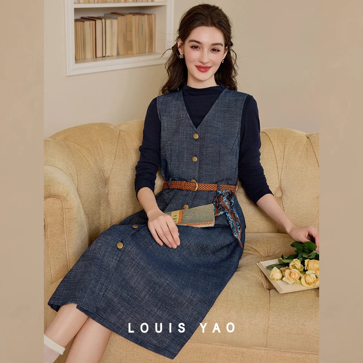 LOUIS YAO Long Sleeve T-Shirt and Denim Dress Two Piece Set 2025 Autumn Detachable Belt High Collar Top Women's Set
