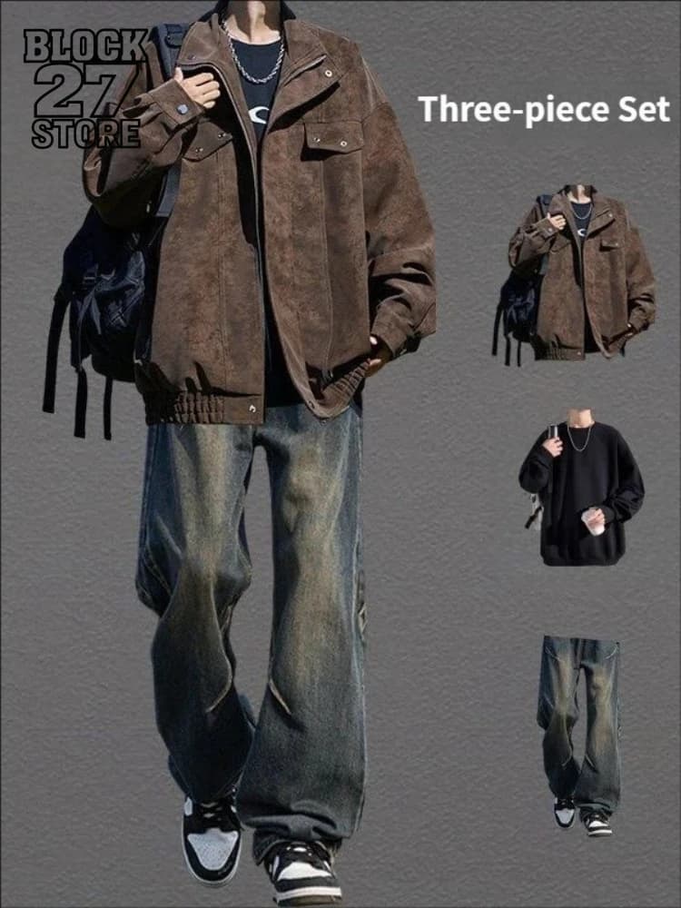 Mens Leather Jacket Set Harajuku American Vintage Streetwear High Street Denim Pants Outfit Spring Autumn Casual Retro Unisex