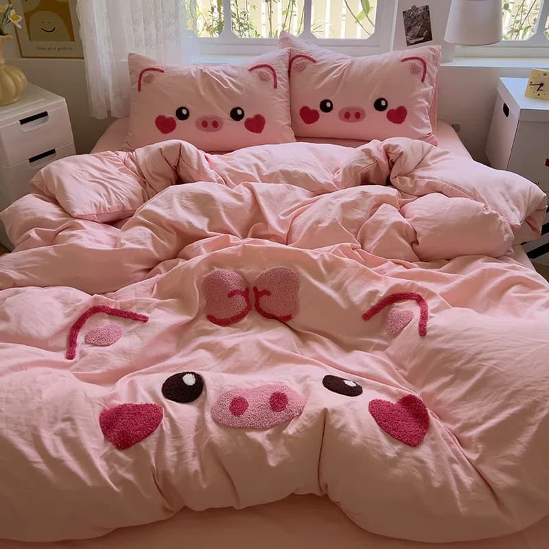 Kawaii Pink Pig Duvet Cover 4pcs Bedding Set Kids Girls Bedroom Quilt Cover Polyester Comforter Cover 1 Flat Sheet 2 Pillowcases