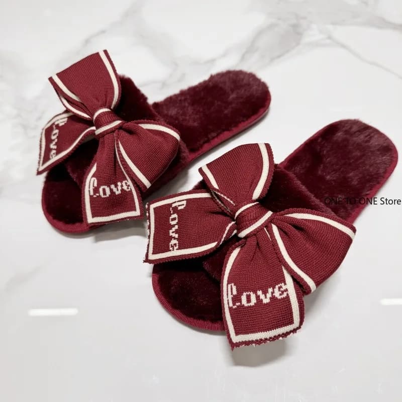 Pantofole soffici casual all'ingrosso da donna casa piatta moda inverno bowknot amore scarpe firmate da donna casa piattaforma in peluche elegante